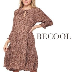 boho floral swing dress earth tone brown cream prairie ditzy floral loose fit L